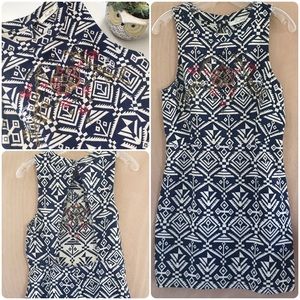 Navy Blue + Cream Embroidered Mini Dress.